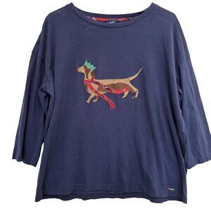 Joules Womens Dachshund Top L Blue 3/4 Sleeve Festive Christmas Wiener Dog Scarf